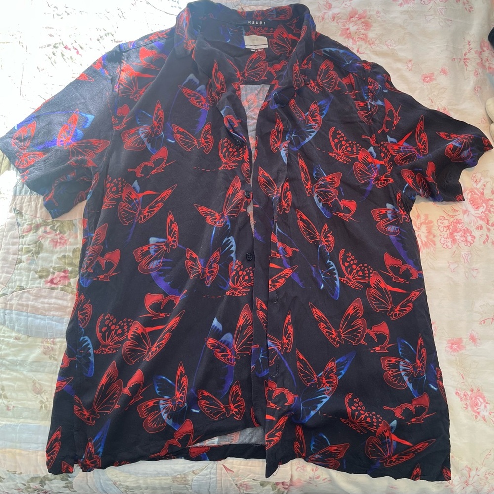 Ksubi Black Shirt with Red and Blue Butterfly Print